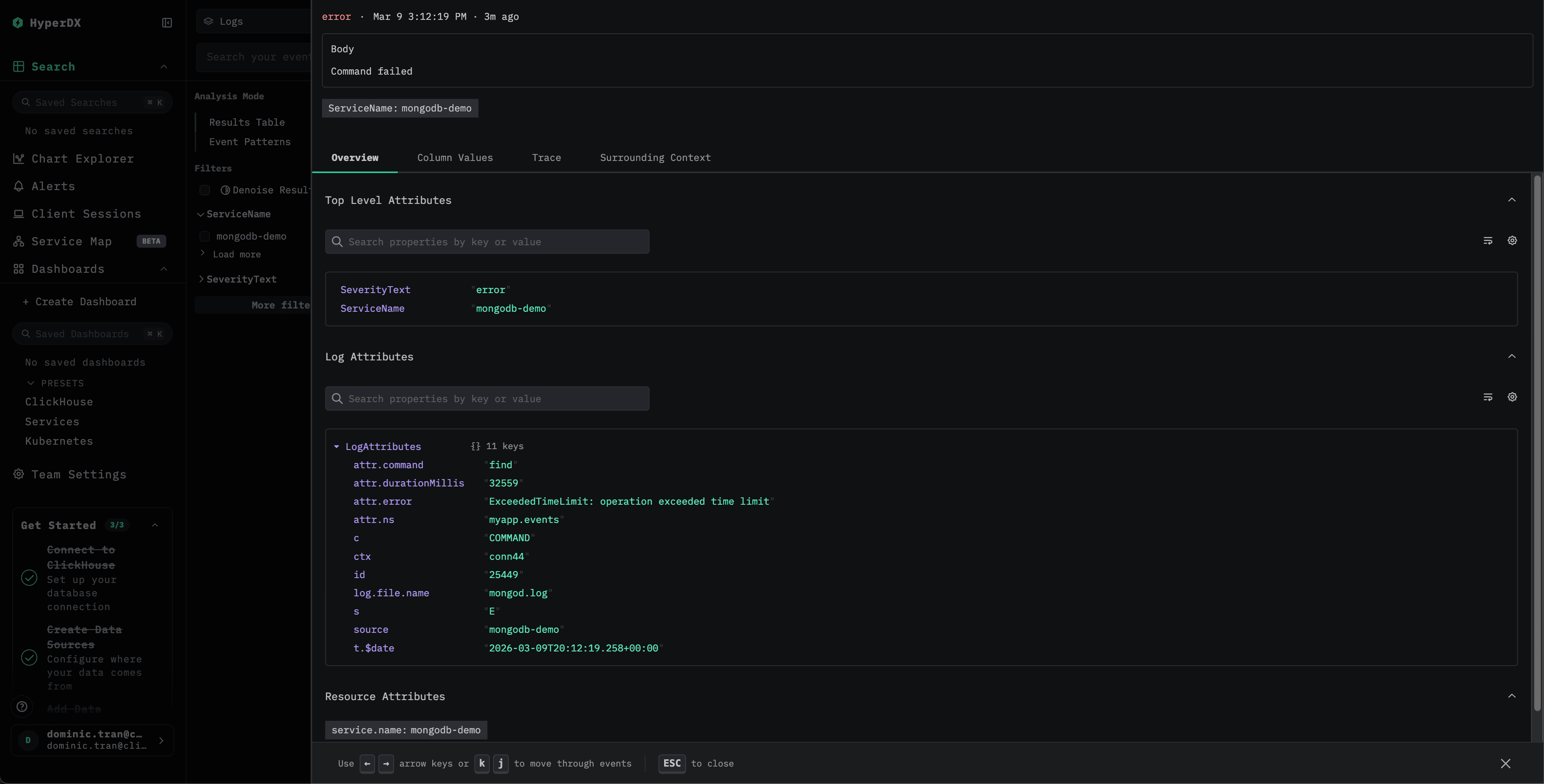 vue détaillée d’un log MongoDB