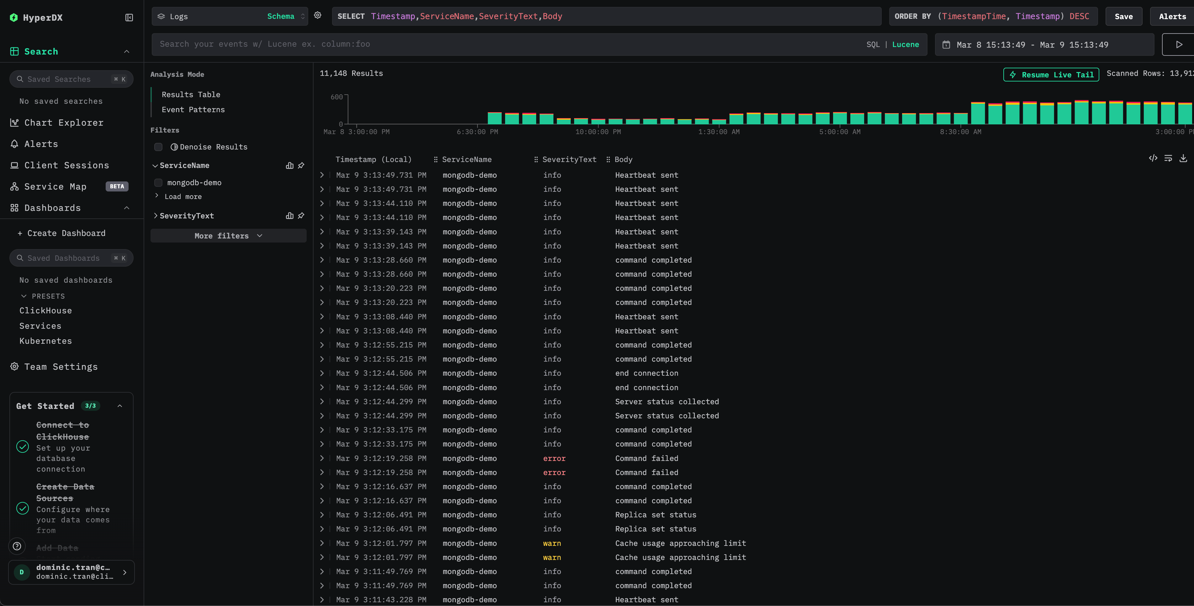 vue Search des logs MongoDB