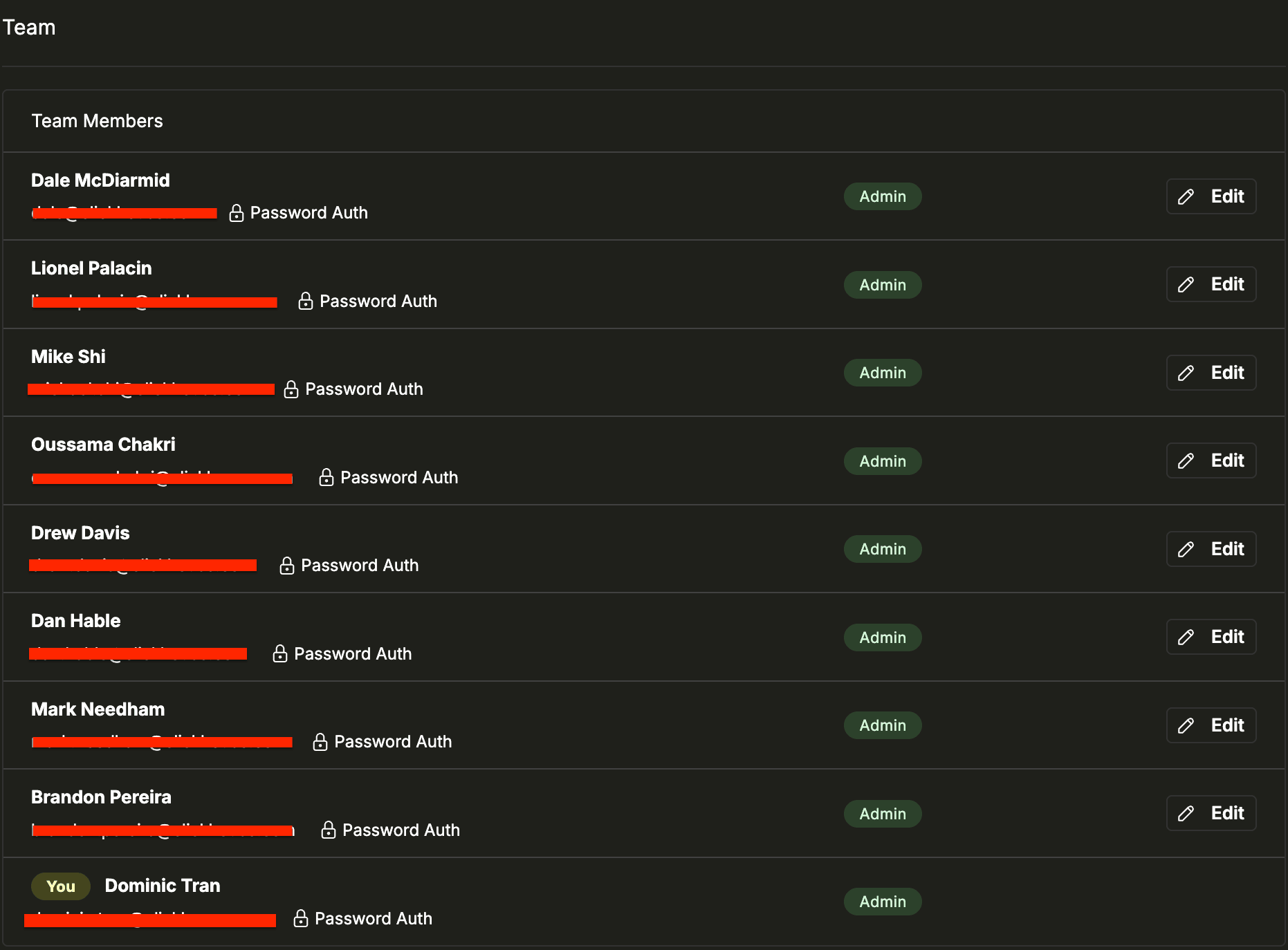 Página ClickStack configuración del equipo que muestra a los miembros del equipo y sus roles