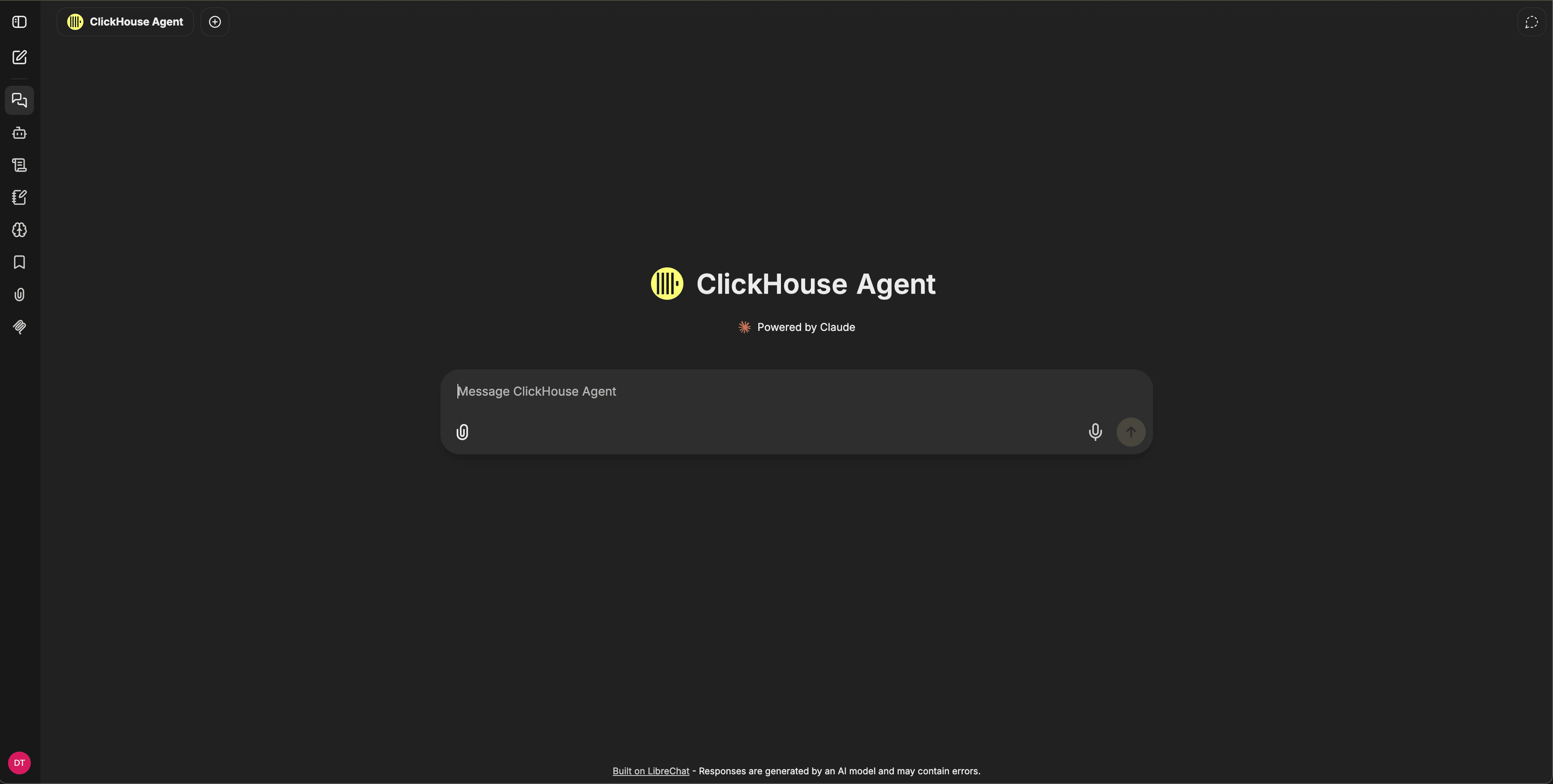 Интерфейс чата ClickHouse Agent с левой навигацией, заголовком с данными агента и полем ввода сообщения