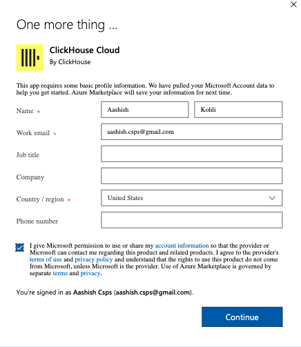 Formulario de información de registro de ClickHouse Cloud