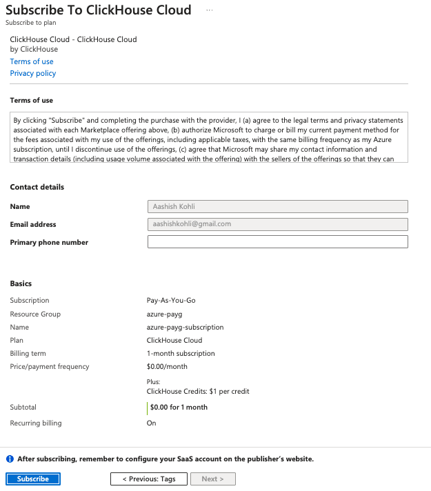 Formulario de información de registro de ClickHouse Cloud
