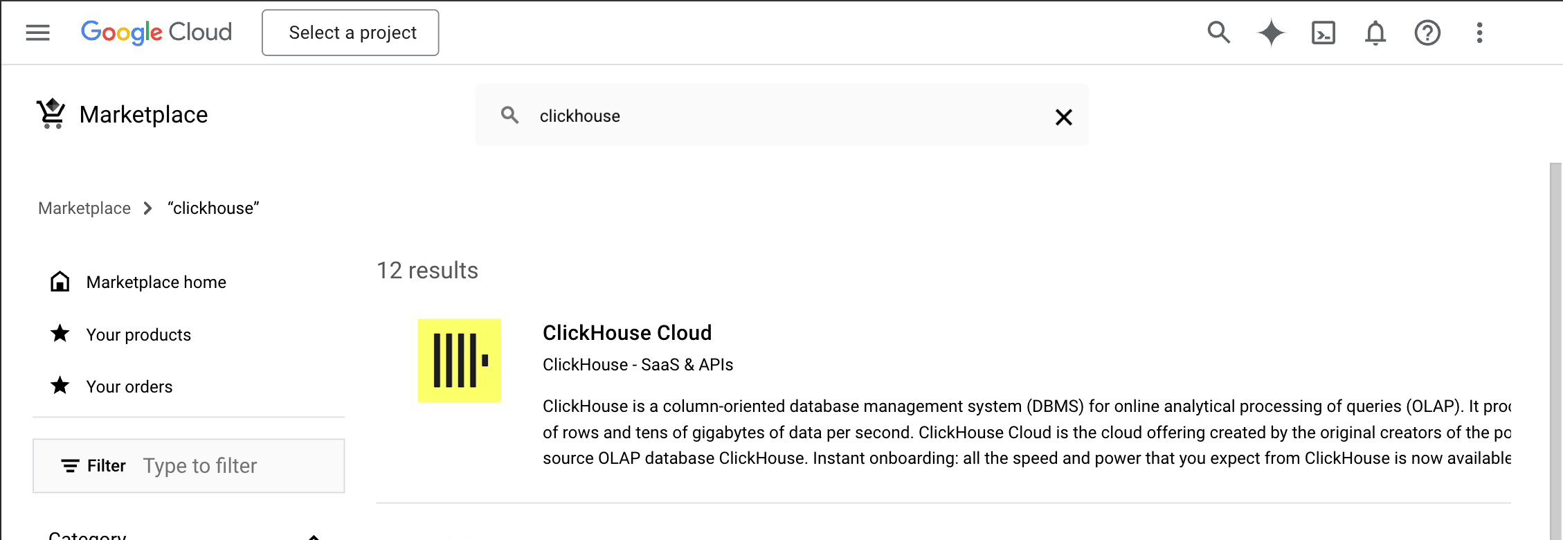 Página principal de GCP Marketplace
