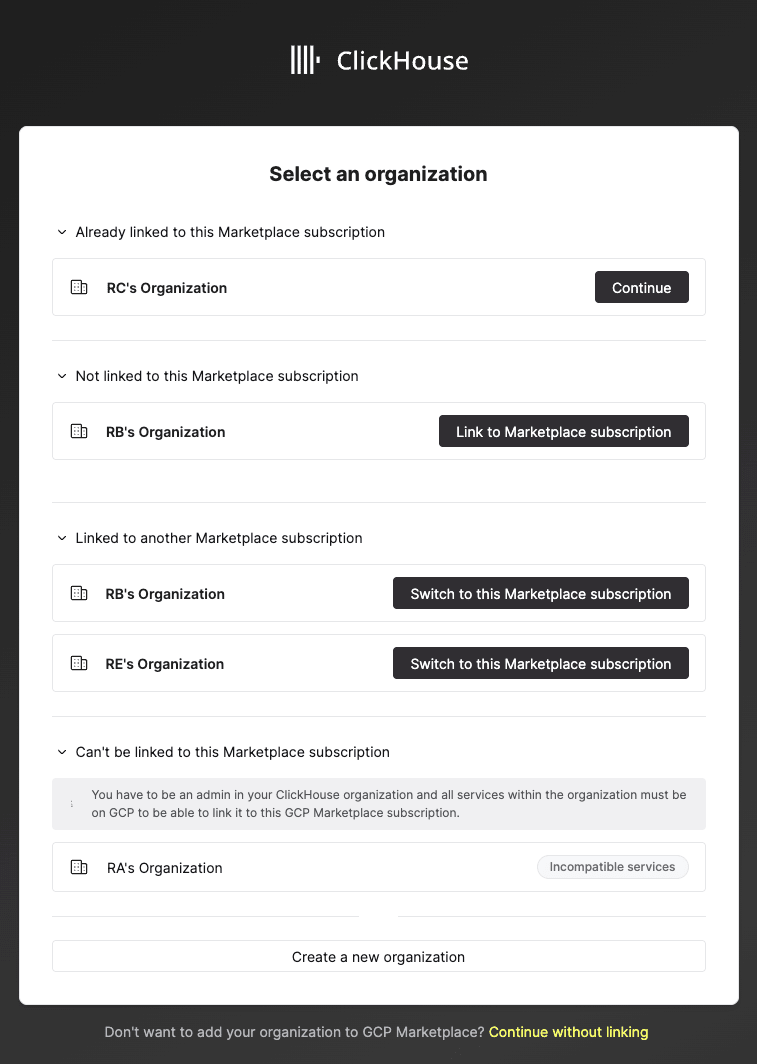 이 subscription에 청구할 organization 생성 또는 선택