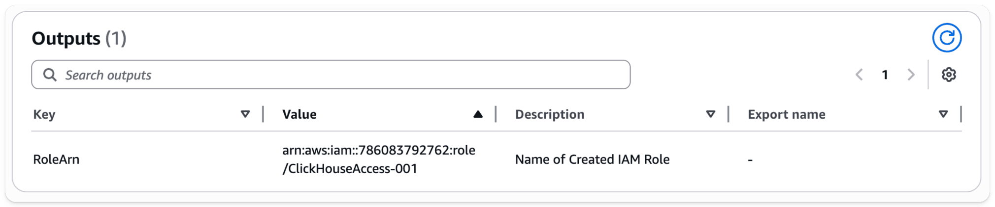 Saída da stack do CloudFormation mostrando o ARN da função do IAM