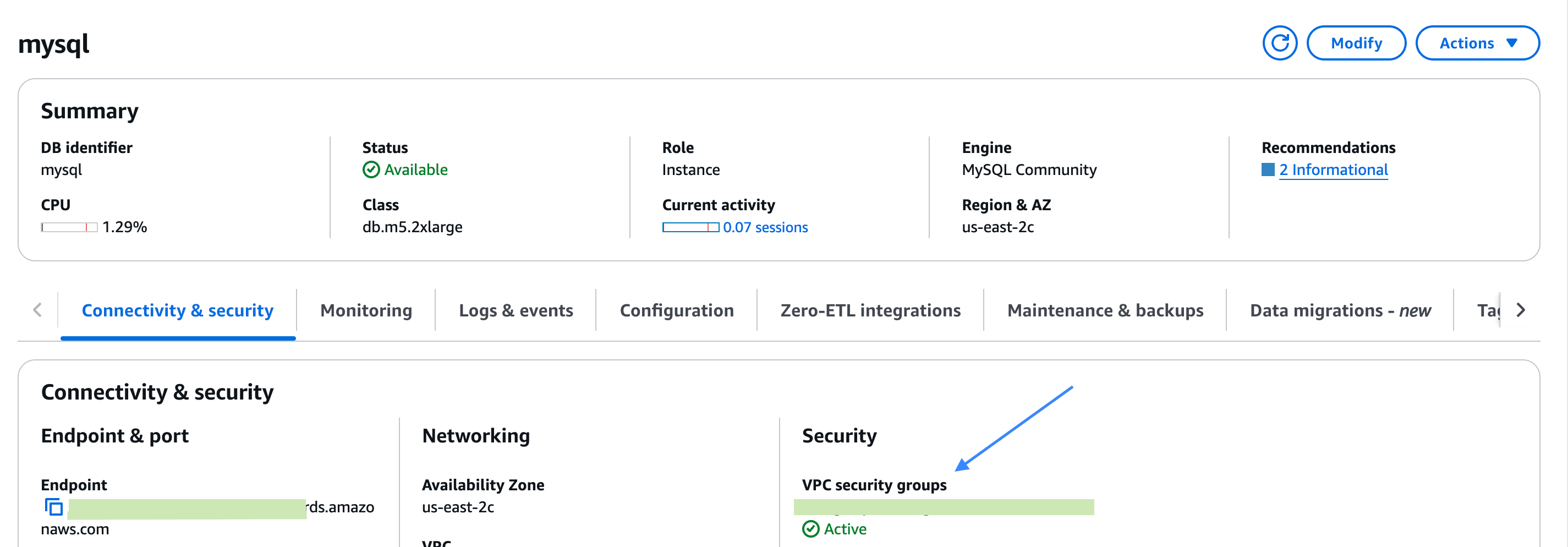 Where to find security group in Aurora MySQL?