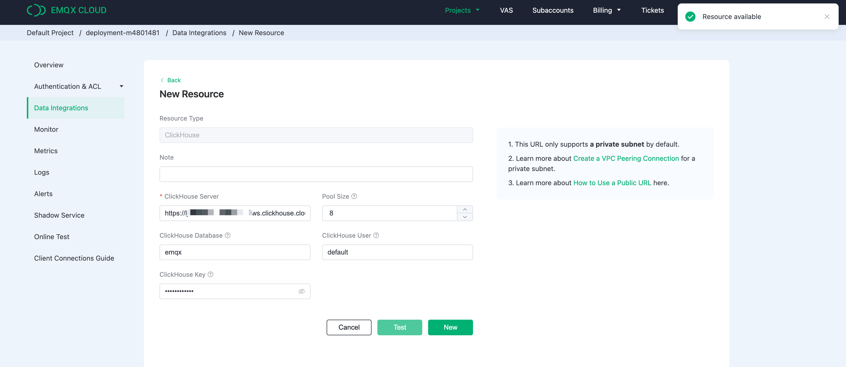 EMQX Cloud ClickHouse Resource Setup form with connection details