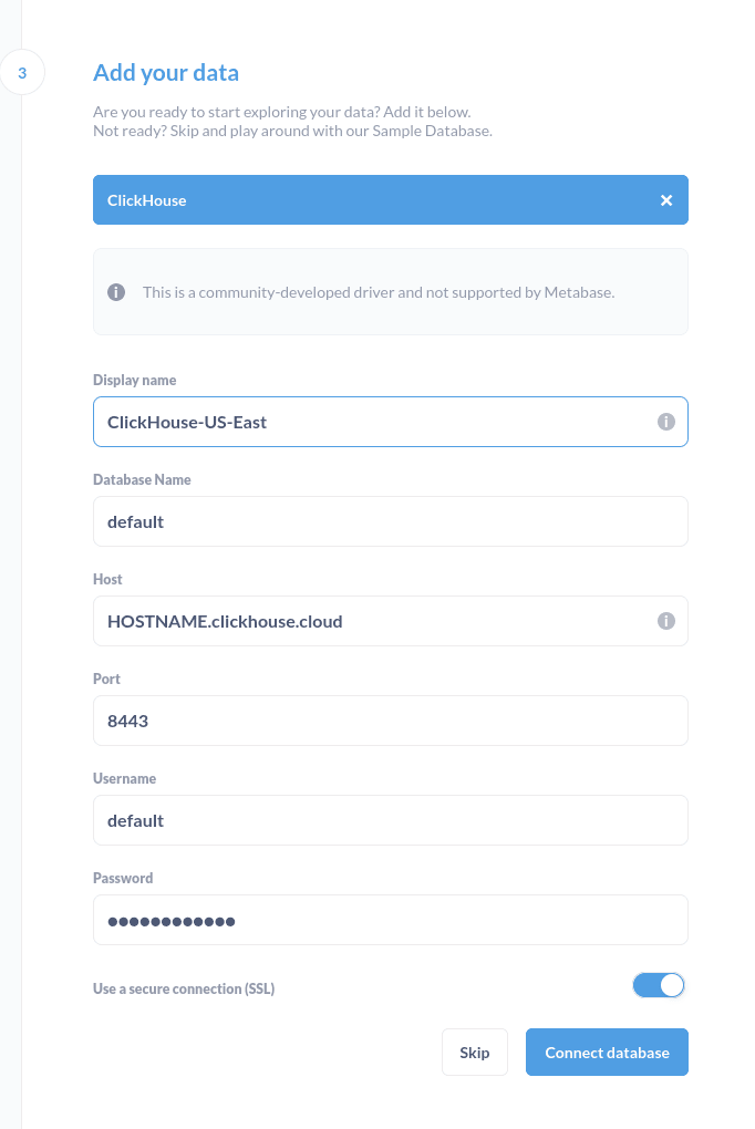 Metabase connection details form for ClickHouse database