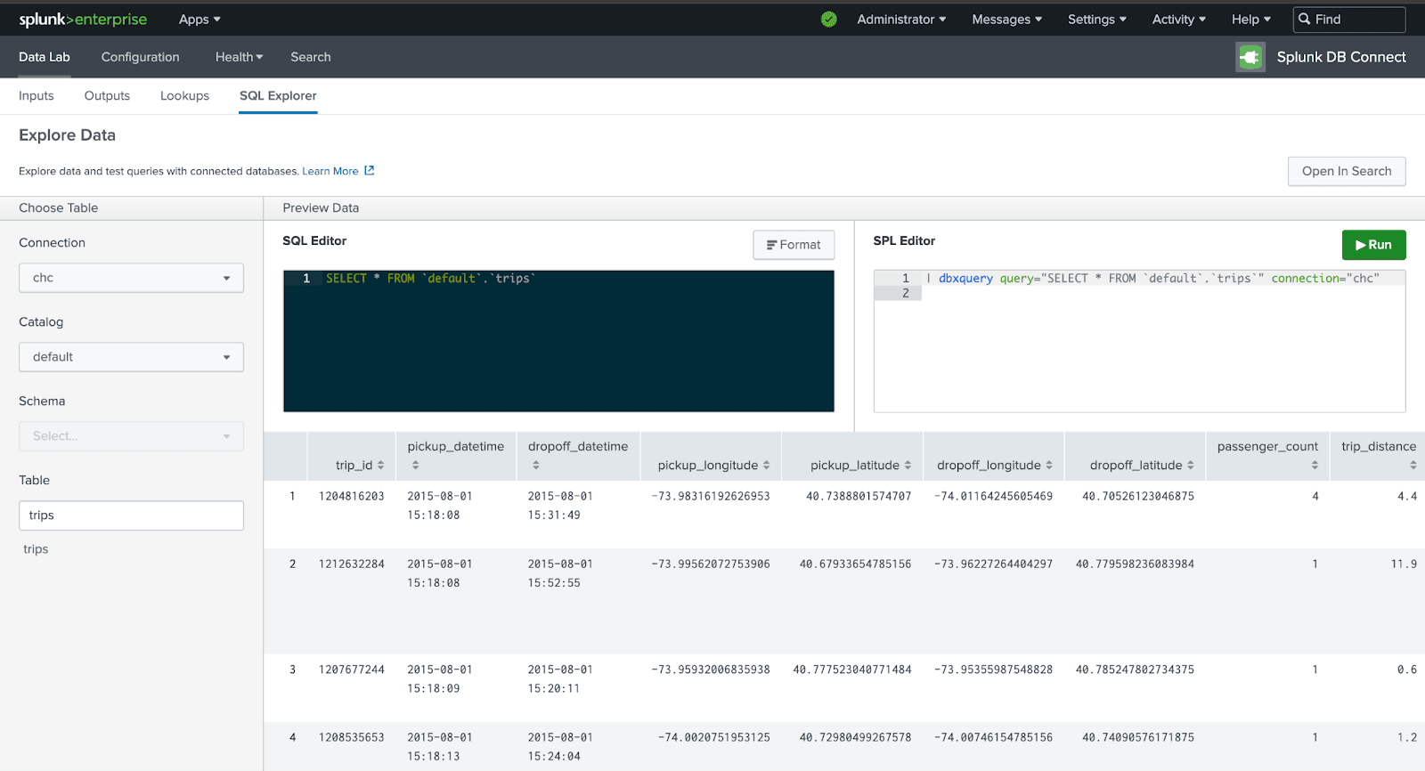Splunk SQL Explorer selecting connection to ClickHouse