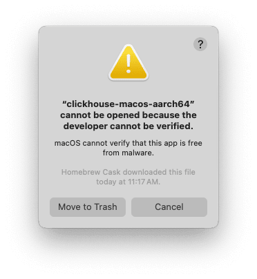 Cuadro de diálogo del error de verificación del desarrollador en MacOS