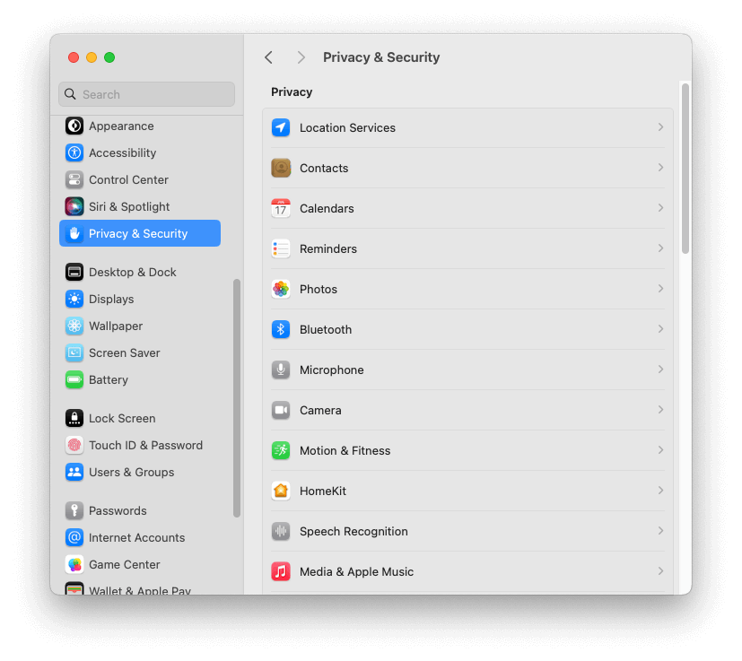 vista predeterminada de Privacy & Security en MacOS
