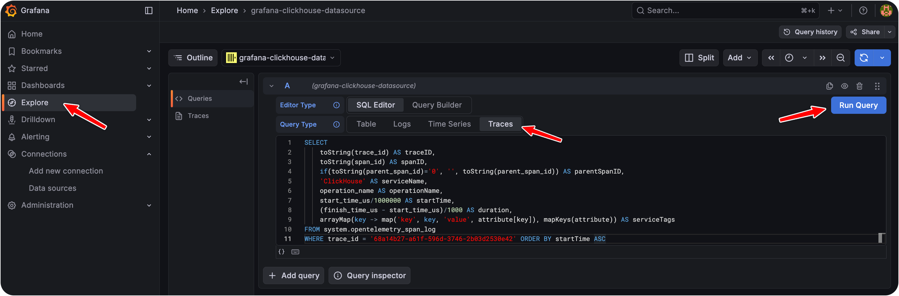تصوّر التتبعات في ClickHouse في Grafana