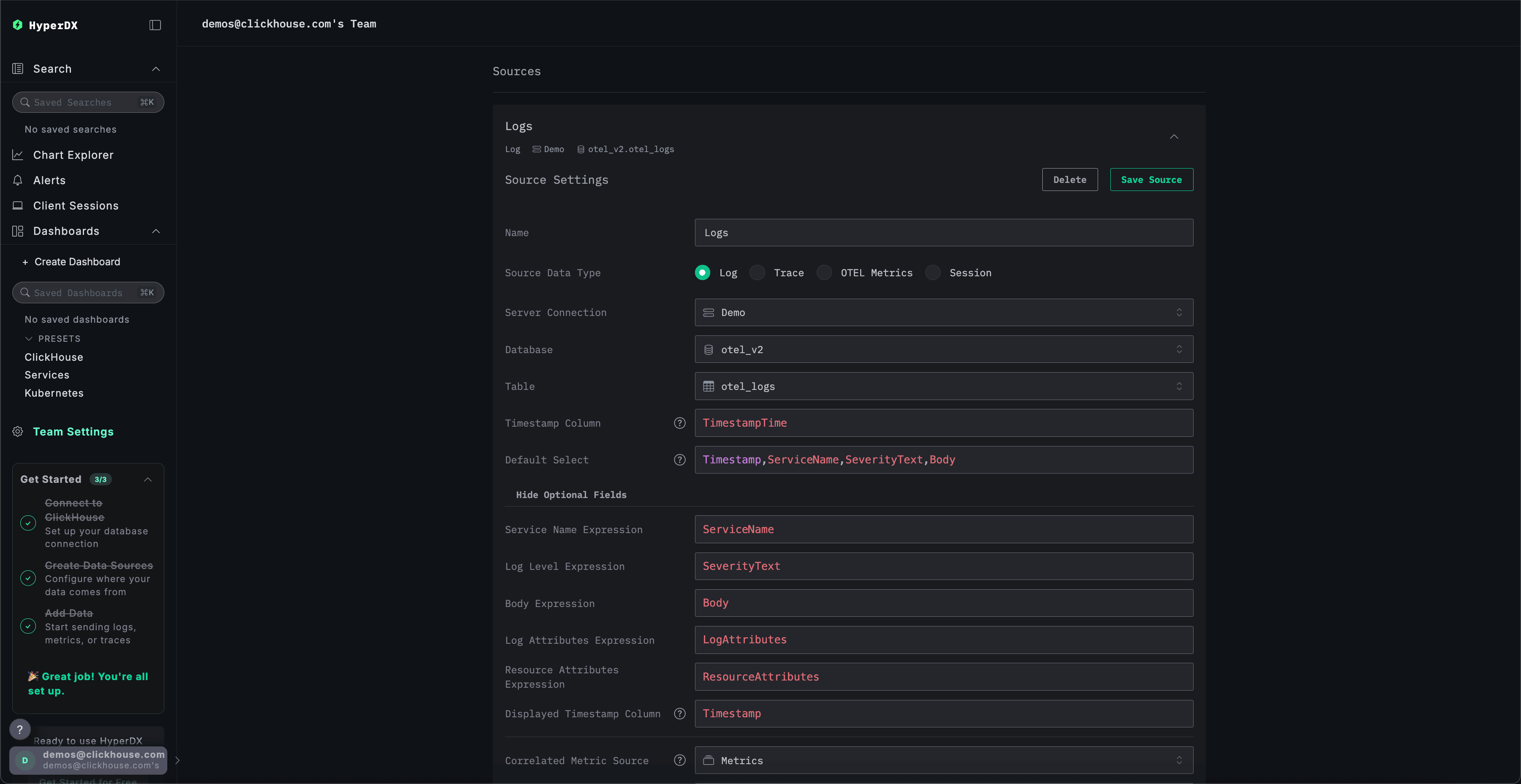 Configuración de fuente en HyperDX